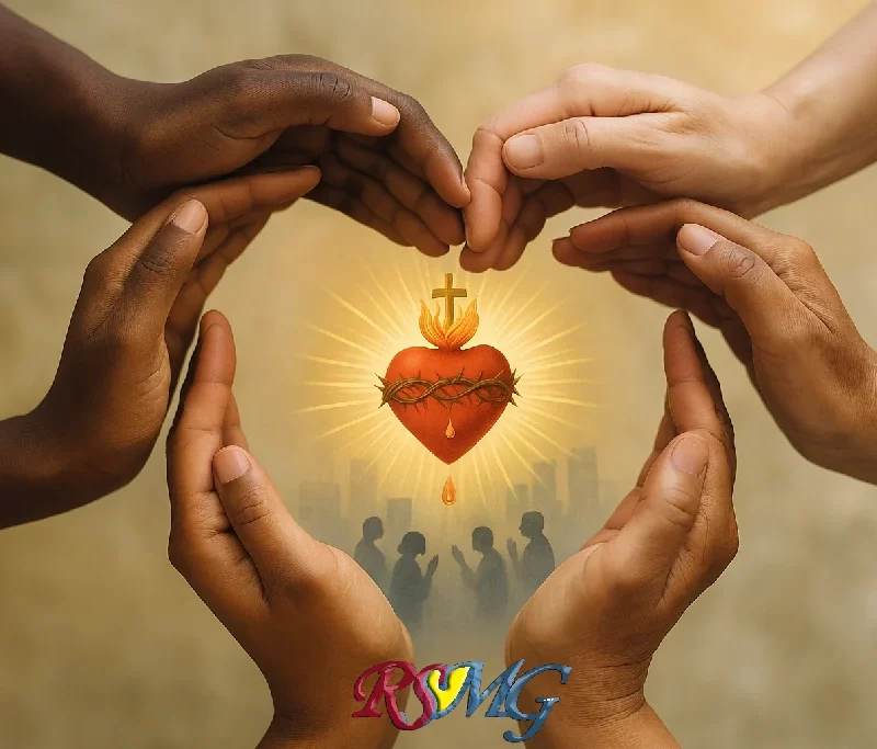 Sagrado Corazón de Jesús irradiando luz, rodeado por manos diversas en señal de oración y unidad