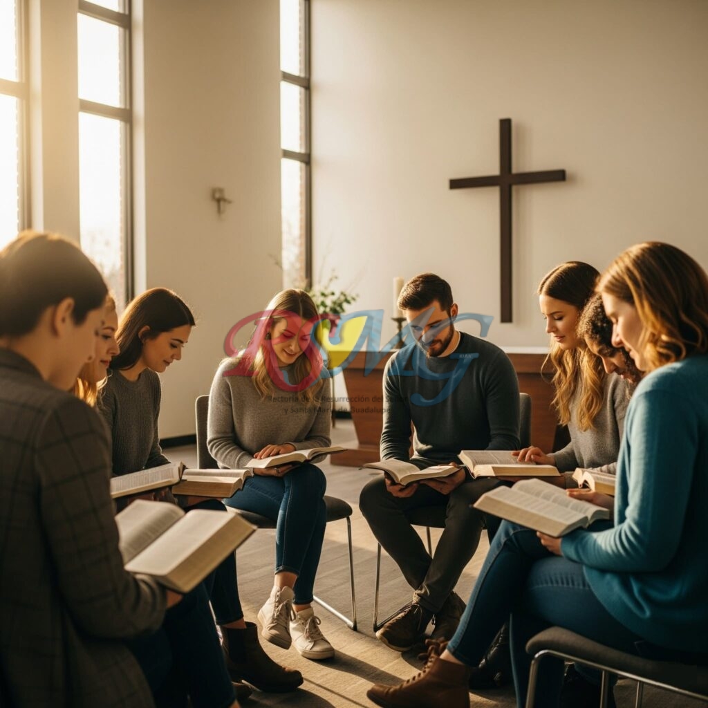 Catecúmenos en formación cristiana con biblias abiertas, sacerdote y cruz moderna en rectoría Tlalpan Sur