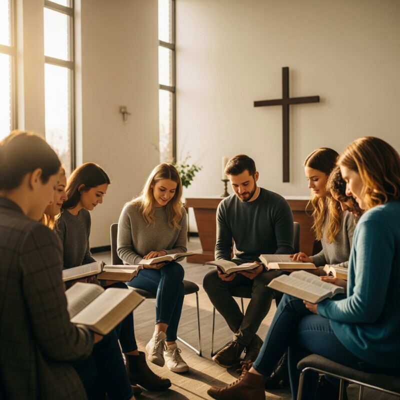 Catecúmenos en formación cristiana con biblias abiertas, sacerdote y cruz moderna en rectoría Tlalpan Sur