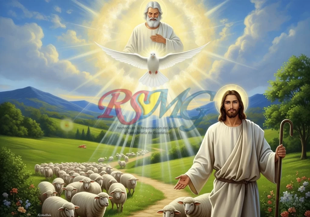 Representación de la Santísima Trinidad: Padre detrás del Espíritu Santo descendiendo, Jesús Pastor con ovejas.