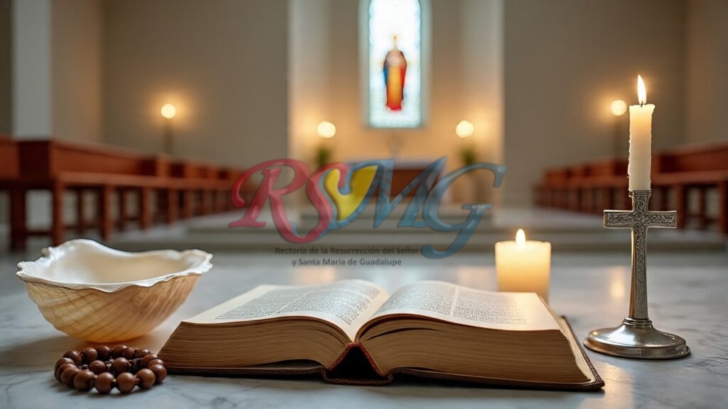 Biblia abierta con símbolos de iniciación cristiana: agua bautismal, pan eucarístico y paloma de confirmación en interior de iglesia católica moderna