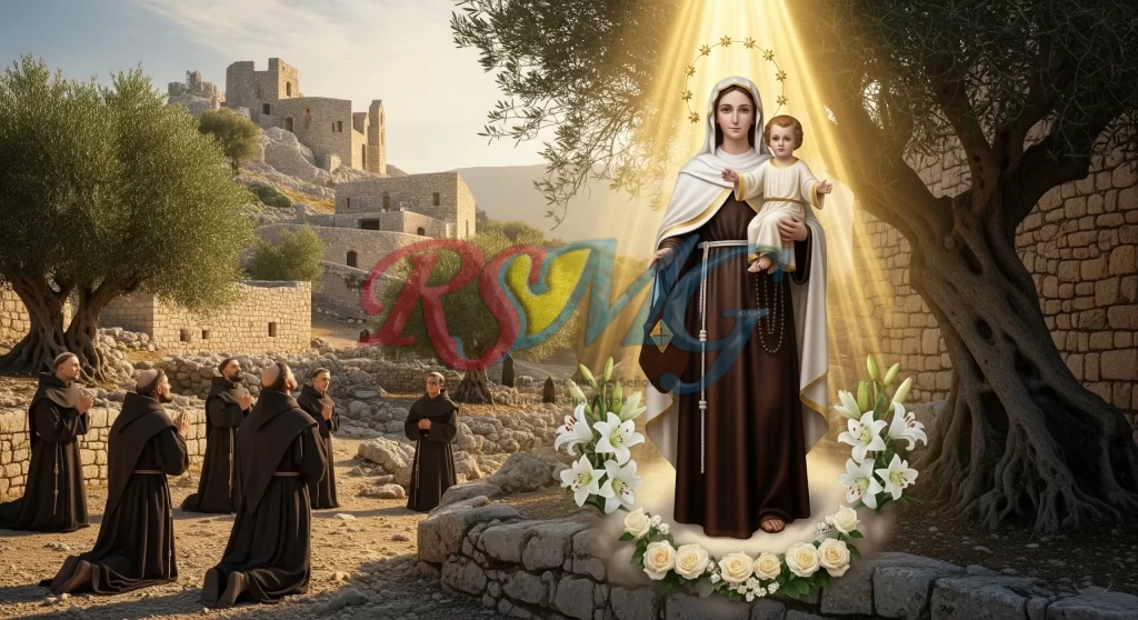 Virgen del Carmen en el Monte Carmelo sosteniendo escapulario marrón con monjes carmelitas en oración