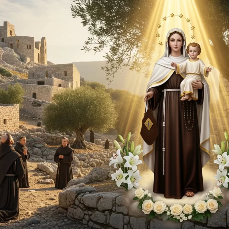 Virgen del Carmen en el Monte Carmelo sosteniendo escapulario marrón con monjes carmelitas en oración