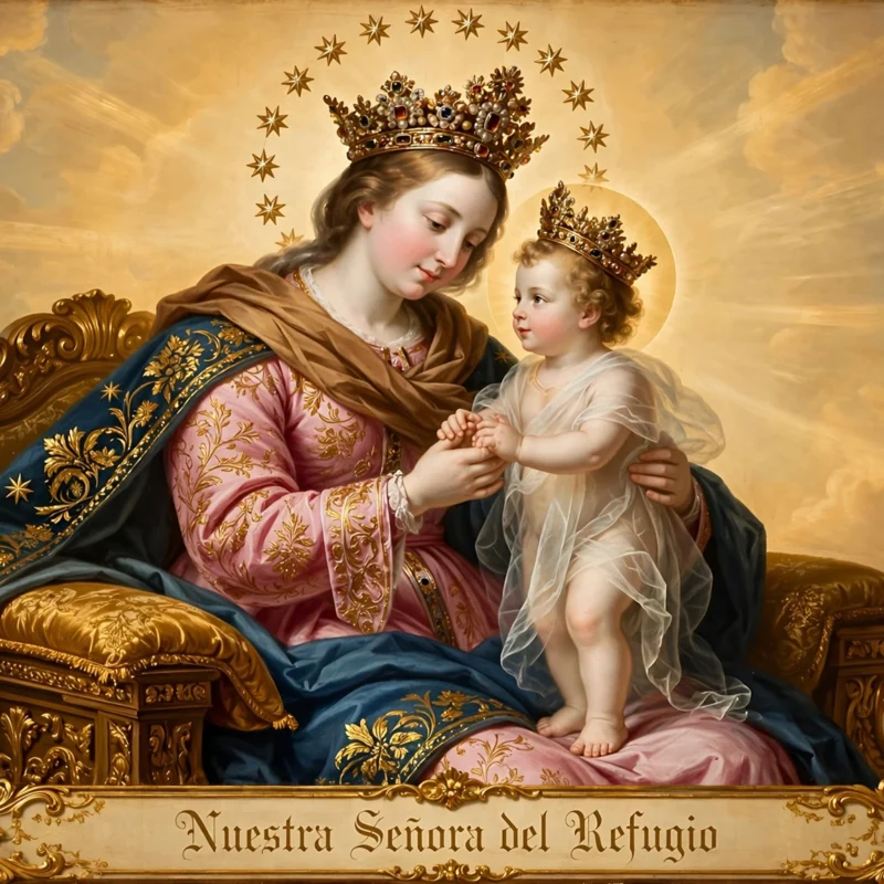 Pintura devocional de Nuestra Señora del Refugio sentada con el Niño Jesús de pie sobre su regazo, ambos coronados. La Virgen viste túnica rosa y manto azul con detalles dorados. Estilo barroco novohispano con fondo de resplandor dorado.